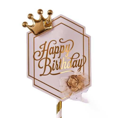 Топпер Роскошь белая табличка роза и корона Happy Birthday фото